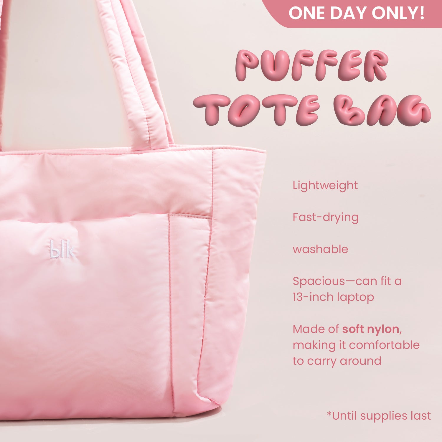 blk cosmetics daydream puffer bag - pink